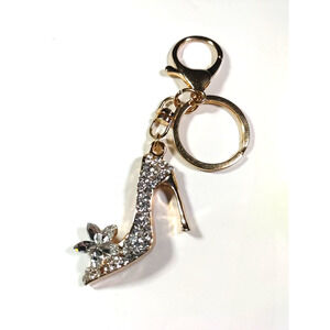 Rhinestones High Heel Shoe Keychain Luggage Purse Clip Rose Gold Tone